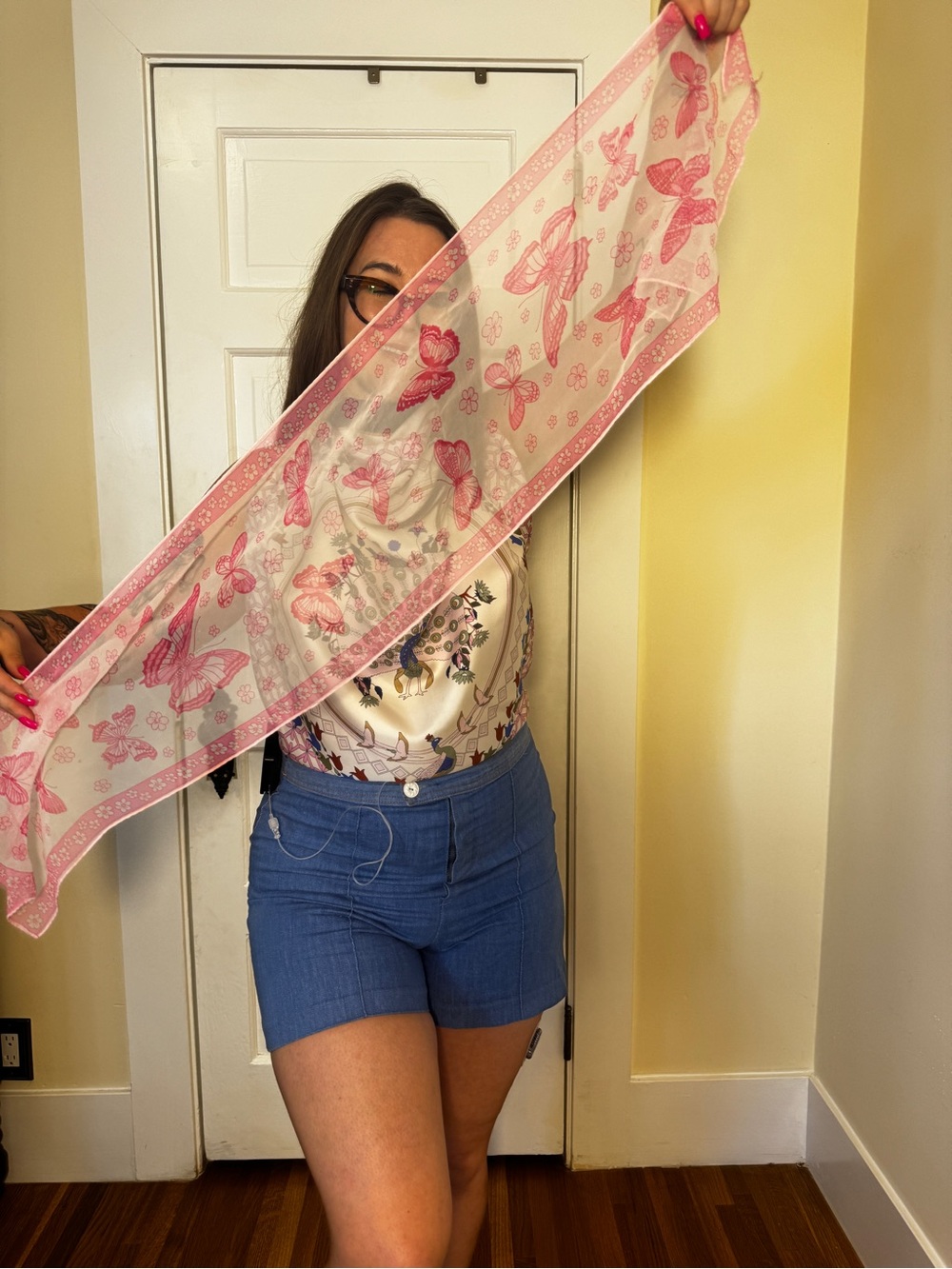 70s Vintage Pink and White Butterfly Scarf